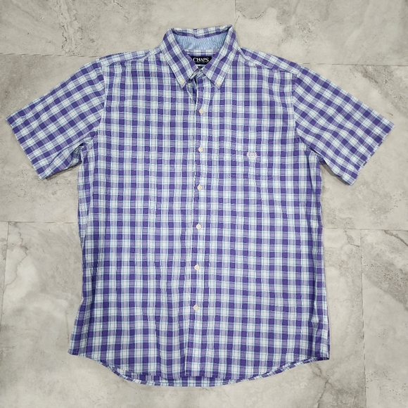 Chaps Men's Casual Shirt Purple White Button Up Short Sleeve Plaid Large - Picture 1 of 7